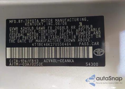 2007 Toyota Camry Le from USA, damaged, VIN 4T1BE46K27U556464